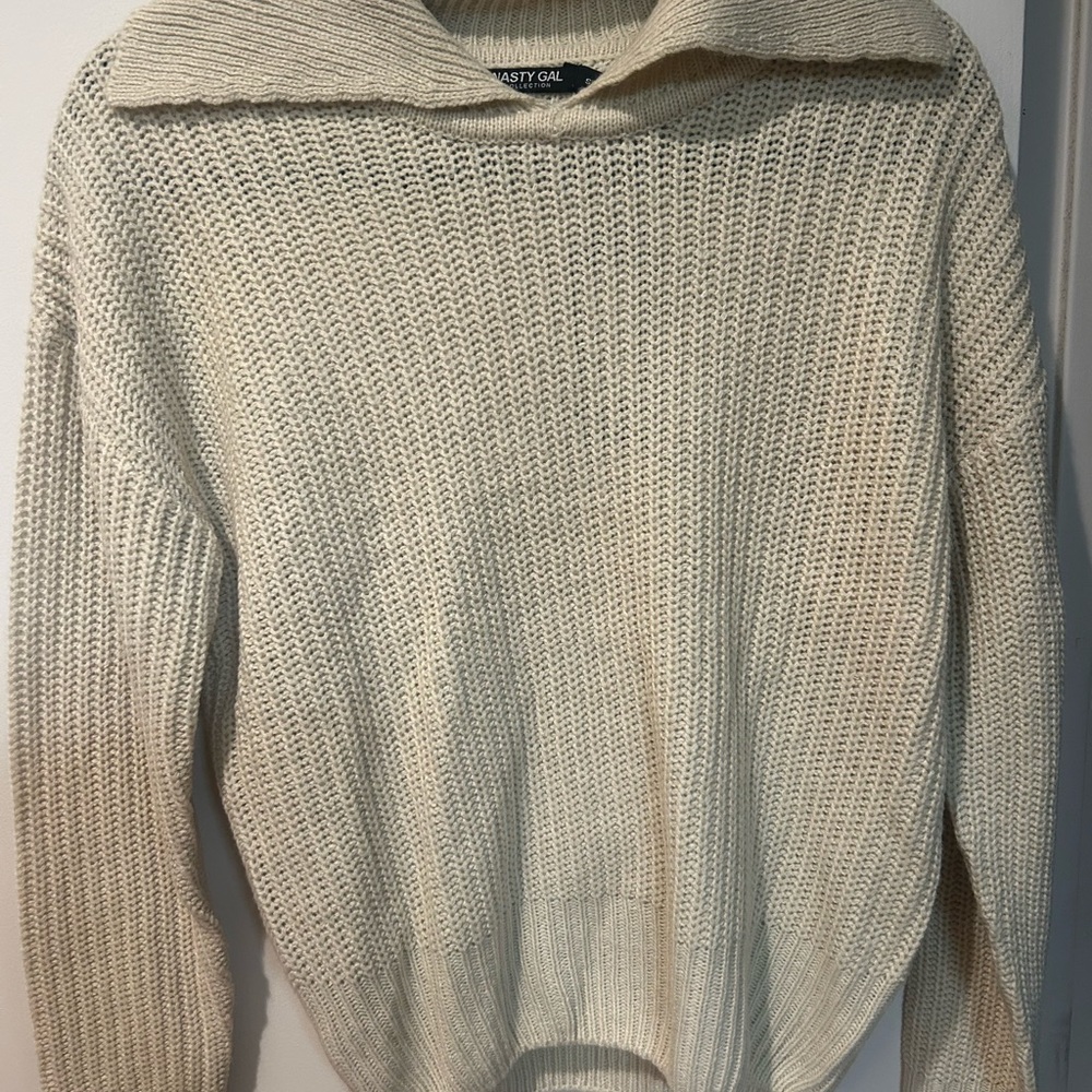 Nasty Gal Cream Knit Sweater with Collar